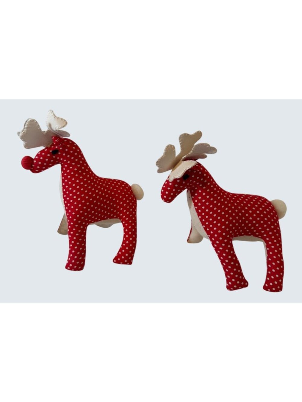 Vintage Handmade Christmas Reindeer Pair Red Polka Dot Cloth Folk Art Stuffed